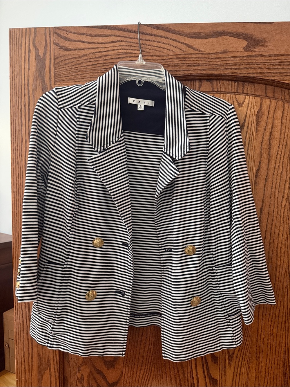 CAbi Black & White Striped Double-Breasted Blazer with Gold Buttons
